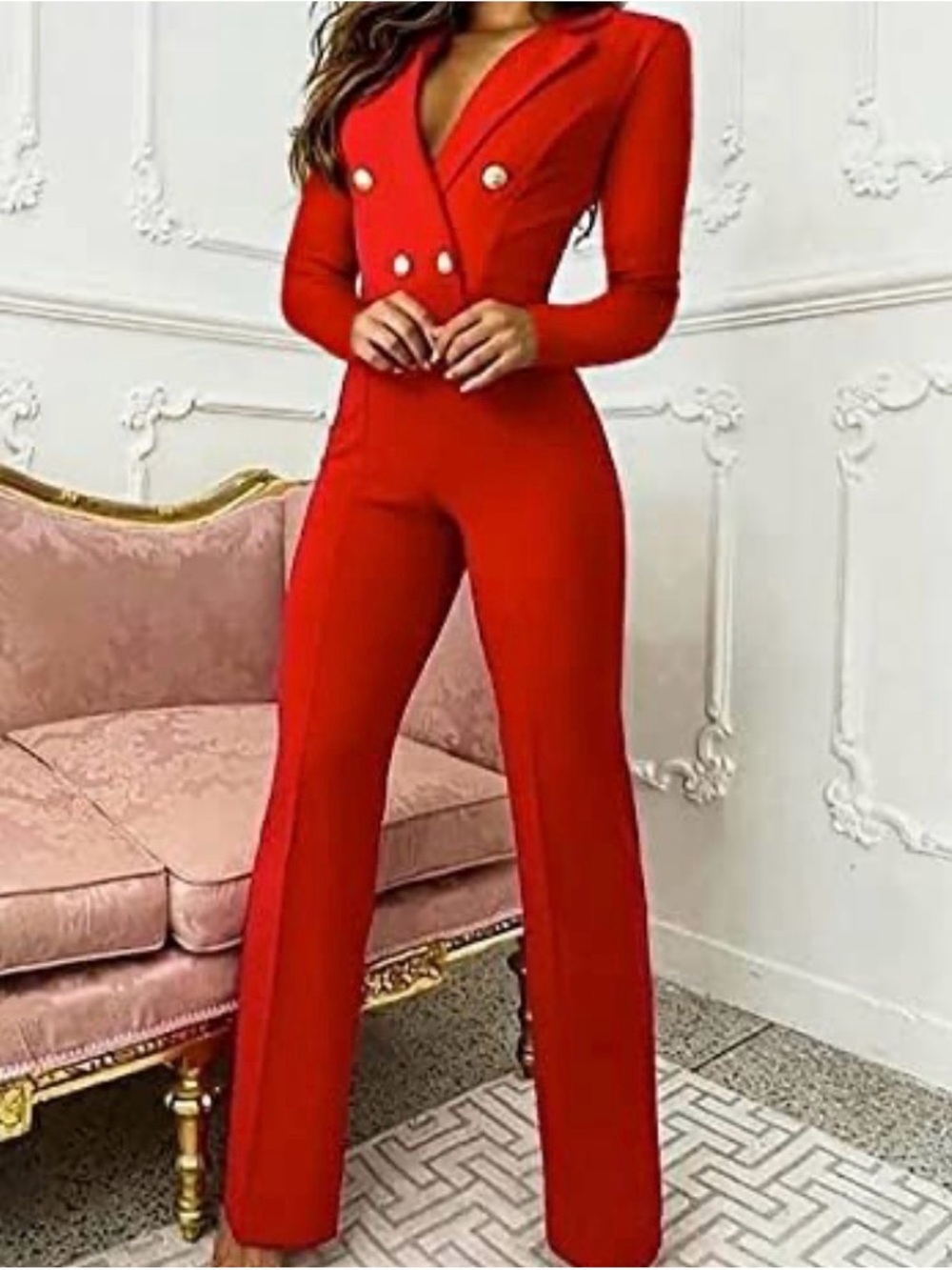Bright Red Double-Breasted Tailored Jumpsuit Romper Holiday outfit Glam